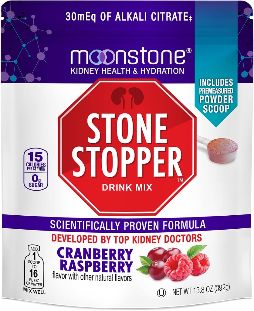 Moonstone Stone Stopper Drink Mix, Tranebær Hindbær, Nyre Stone Forebyggelse, Calcium Oxalate Protector, Udviklet af Urologer til at forbedre hydrering og støtte Nyre Sundhed, 30 dages forsyning