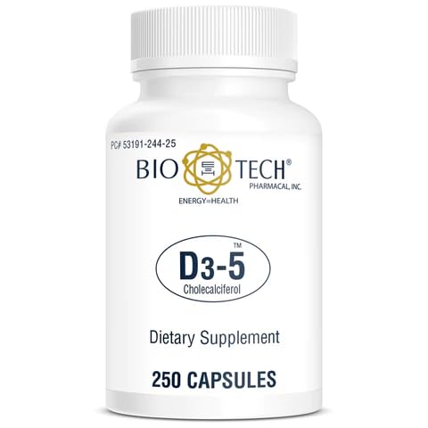 Bio- Tech Pharmacal D3- 5 (5000 IE), 250 kapsler - All- Natural Supplement - Supports Bone & immunforsvar - Ingen Dairy, Fish, Gluten, Peanut, Shellfish, & Soy - Ingen kunstige farver