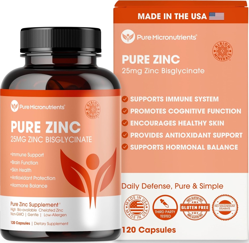 Pure Zink supplement 25mg - TRAACS Bisglycinate chelat - 120 kapsler til immunforsvar, hud sundhed & energi - for mænd og kvinder