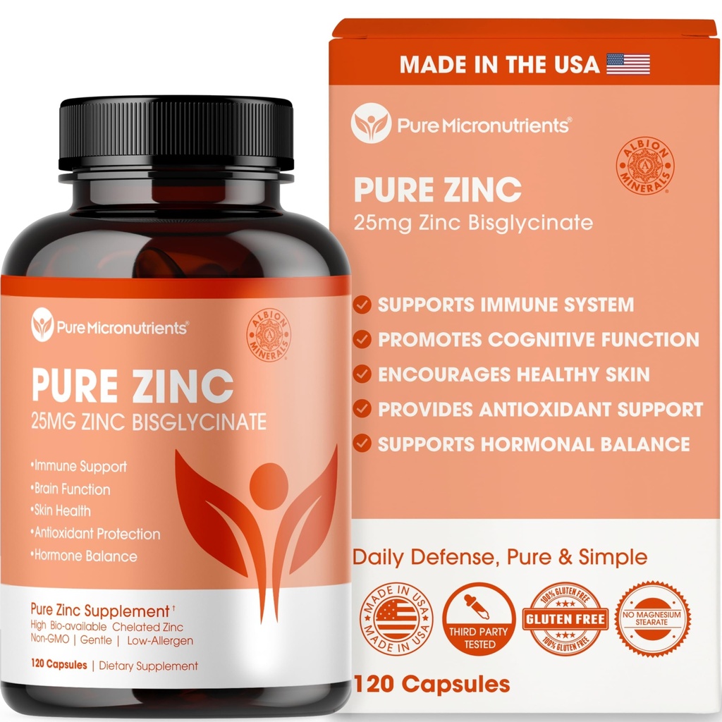 Pure Zink supplement 25mg - TRAACS Bisglycinate chelat - 120 kapsler til immunforsvar, hud sundhed & energi - for mænd og kvinder