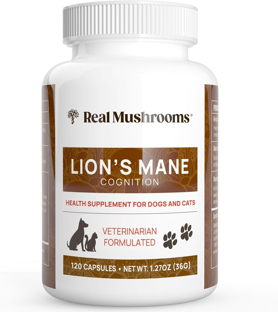 Rigtige svampe Lions Mane Pet Mushroom Supplement - Pet Wellbeing Capsules - for Kat & Hundetillæg & Vitaminer - Support Mindfull Routines - Organic, Vegan, Non- GMO, 120 Count