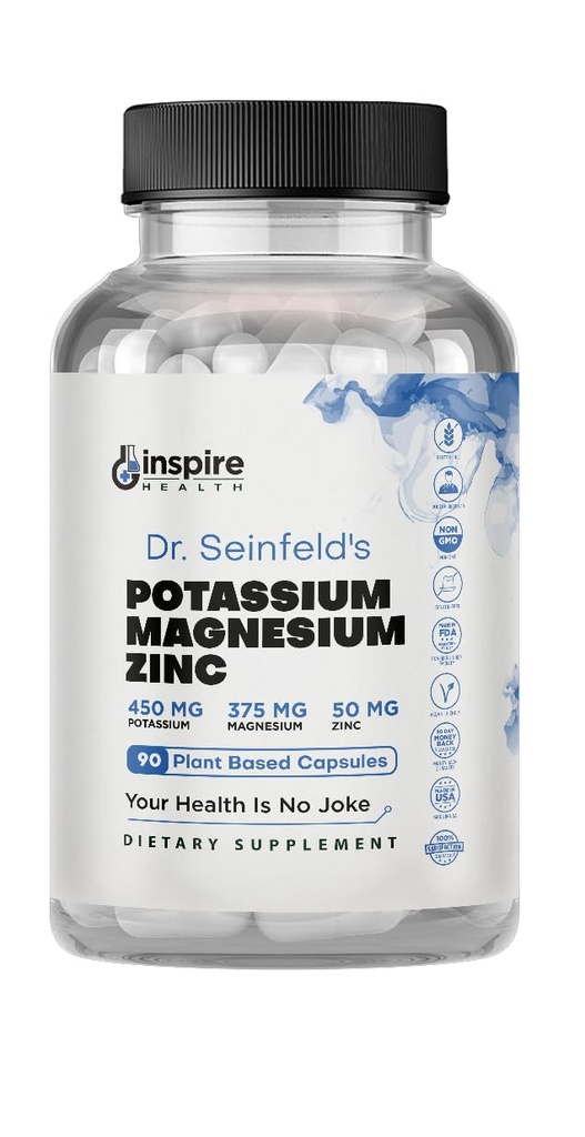 Magnesium Kalium Kosttilskud w / Zink - 90 Kapsler - Magnesium Kalium Zink til vaskulær sundhed - High Absorption Vegan Supplement for ben kramper & søvn Dr. Seinfeld