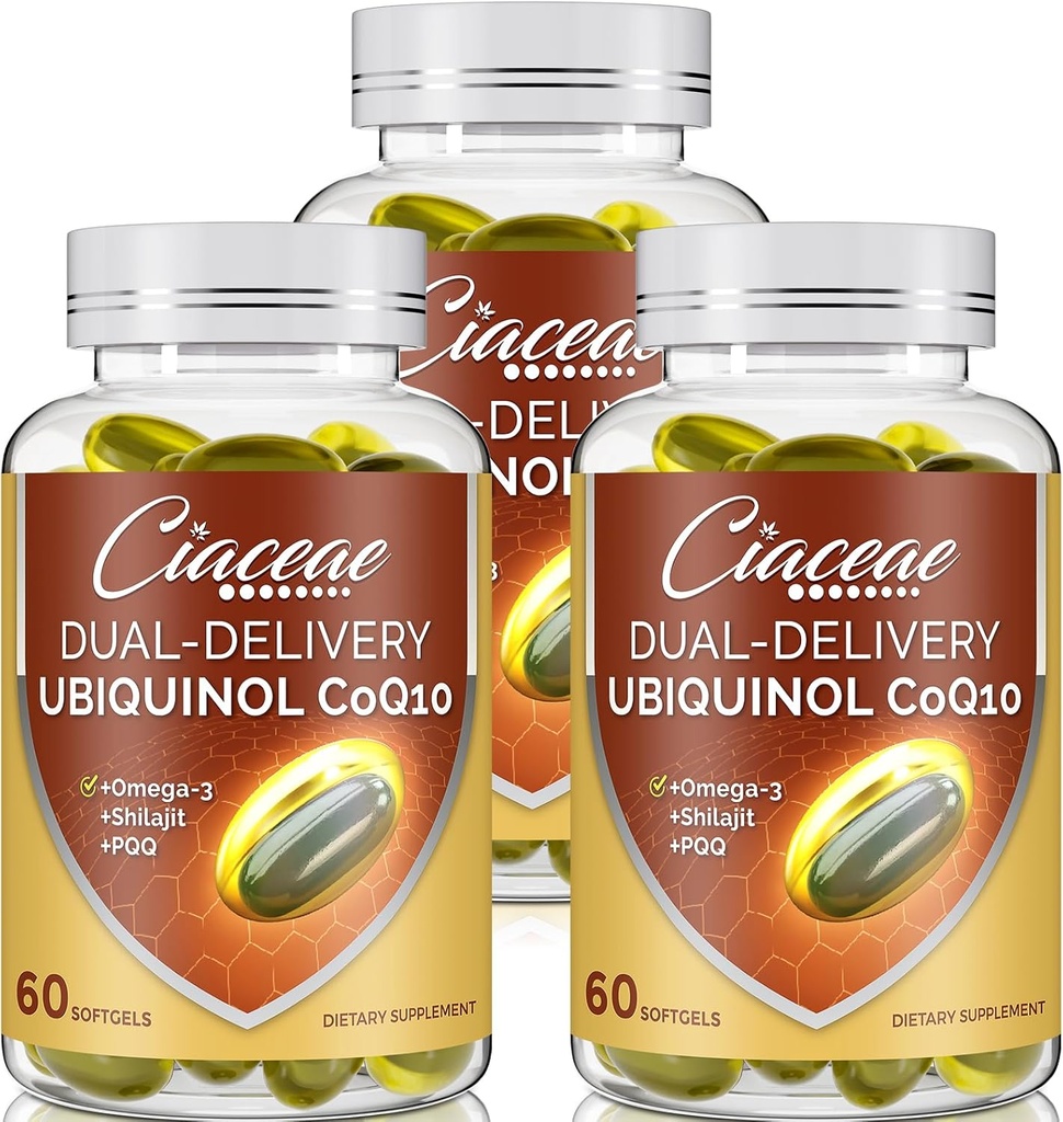 Ubiquinol CoQ10 600 MG Softgel med Omega-3 & Shilajit & PQQ, Advanced Dual- Delivery Coenzyme- Q10, Active CoQ10 Ubiquinol Supplement for Fertilitet, Antioxidant, Heart, Brain & Energy, 180 Servering
