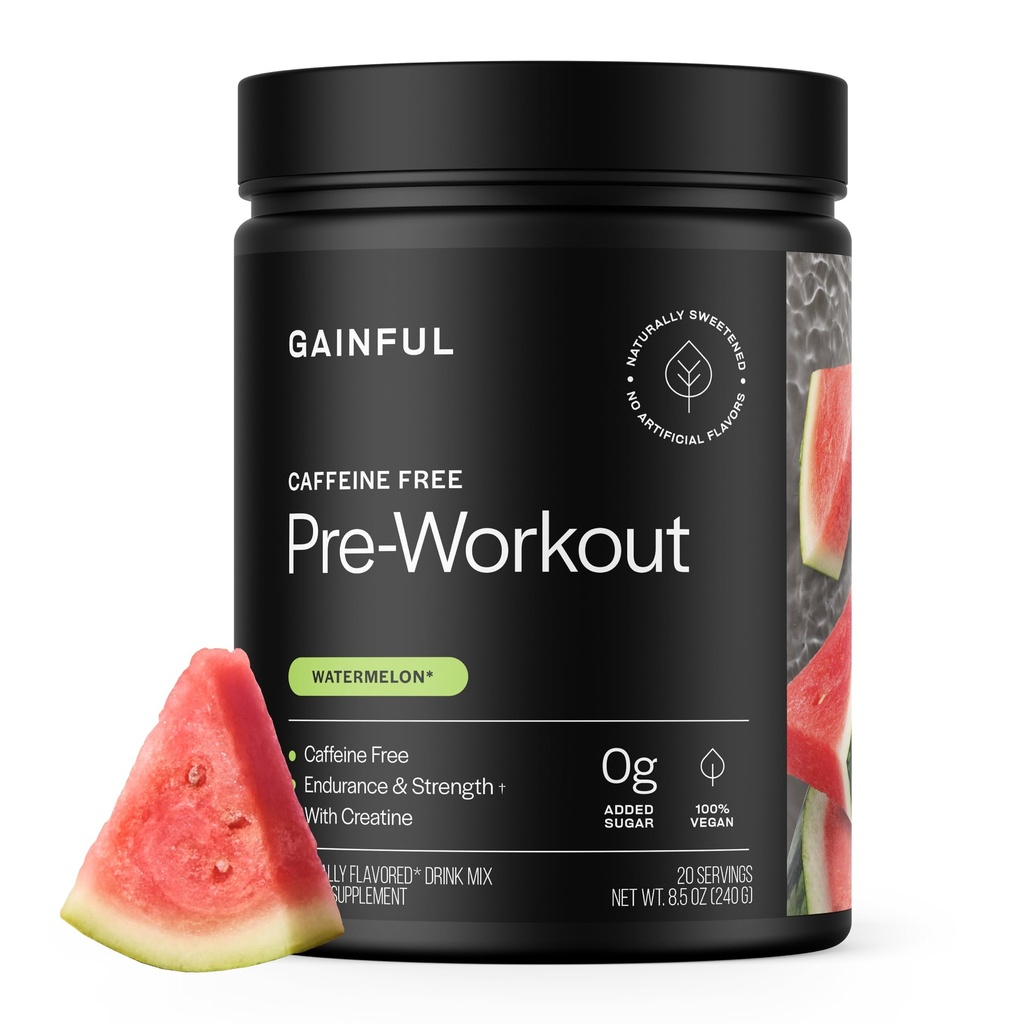 Gainful Koffein Free Pre Workout Pulver med Creatin, Watermelon Flavor, Understøtter Styrke, Endurance, & Inddrivelse, BCAAs, Beta Alanine, L-Citrullin, Ingen kunstige ingredienser, 20 Serveringer