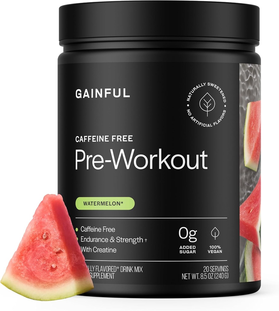 Gainful Koffein Free Pre Workout Pulver med Creatin, Watermelon Flavor, Understøtter Styrke, Endurance, & Inddrivelse, BCAAs, Beta Alanine, L-Citrullin, Ingen kunstige ingredienser, 20 Serveringer
