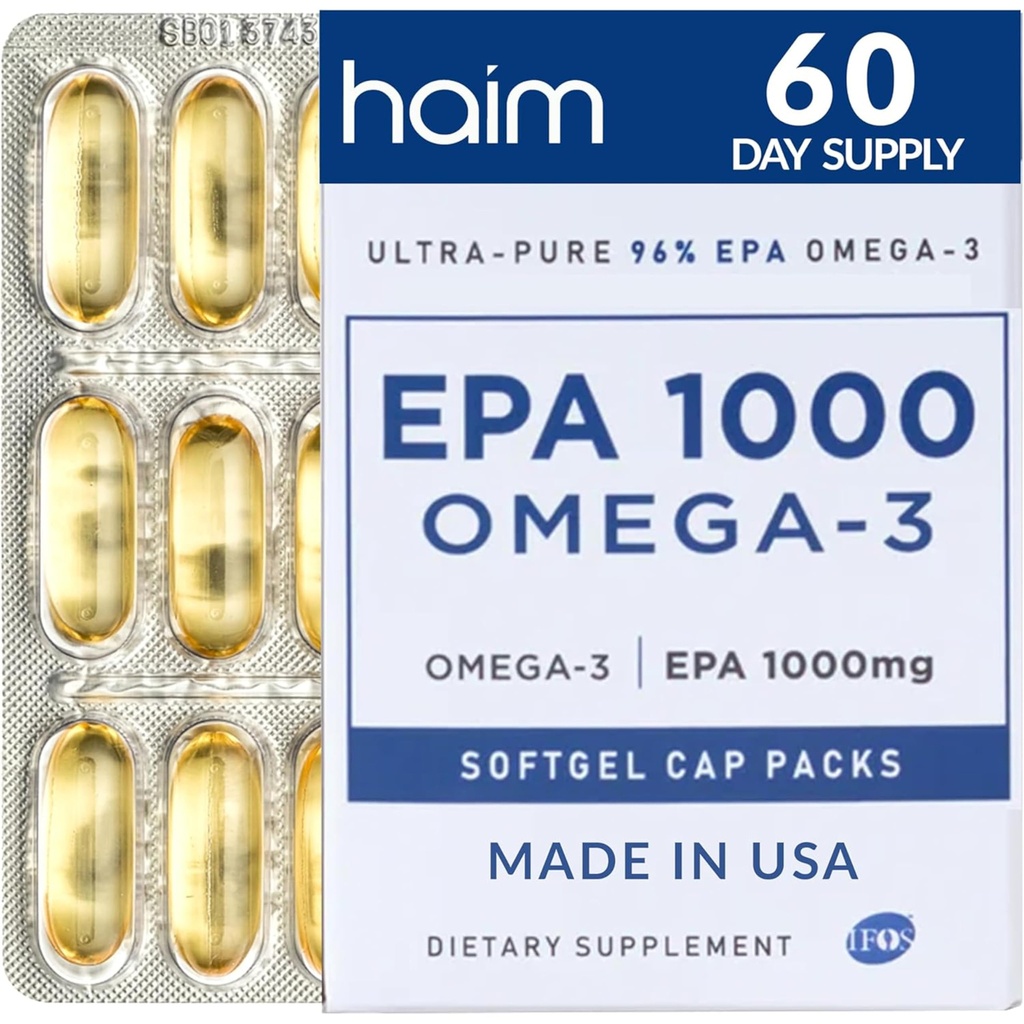 HAIM EPA1000 - højpotens EPA Fish Oil Supplement - 1,100mg Omega-3 for hjerte, hjerne & fælles sundhed - pharmaceutisk-Grade Softgels - Pure, Burpless Capsules - 60 Softgels - Made in USA