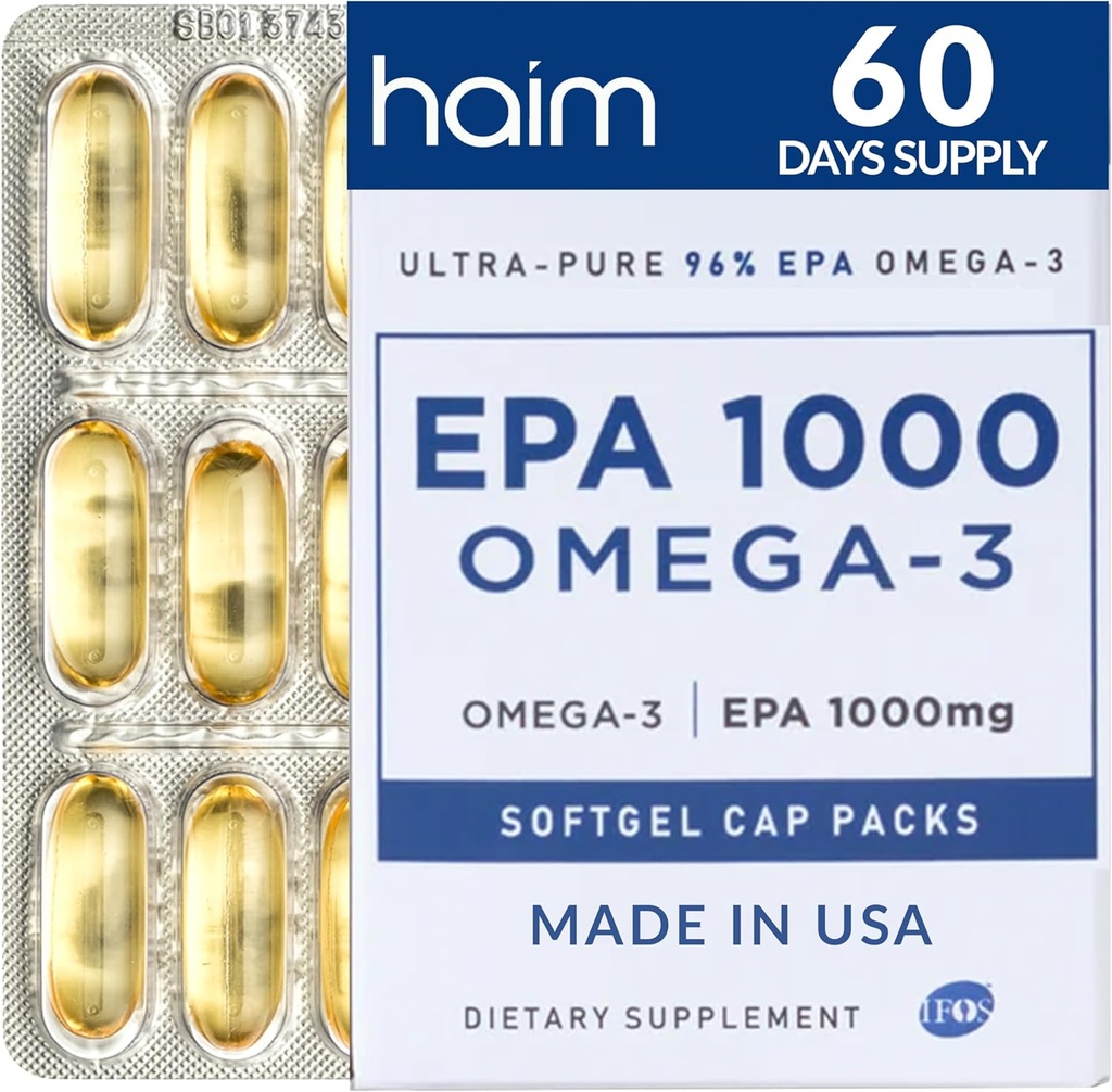 HAIM EPA1000 - højpotens EPA Fish Oil Supplement - 1,100mg Omega-3 for hjerte, hjerne & fælles sundhed - pharmaceutisk-Grade Softgels - Pure, Burpless Capsules - 60 Softgels - Made in USA