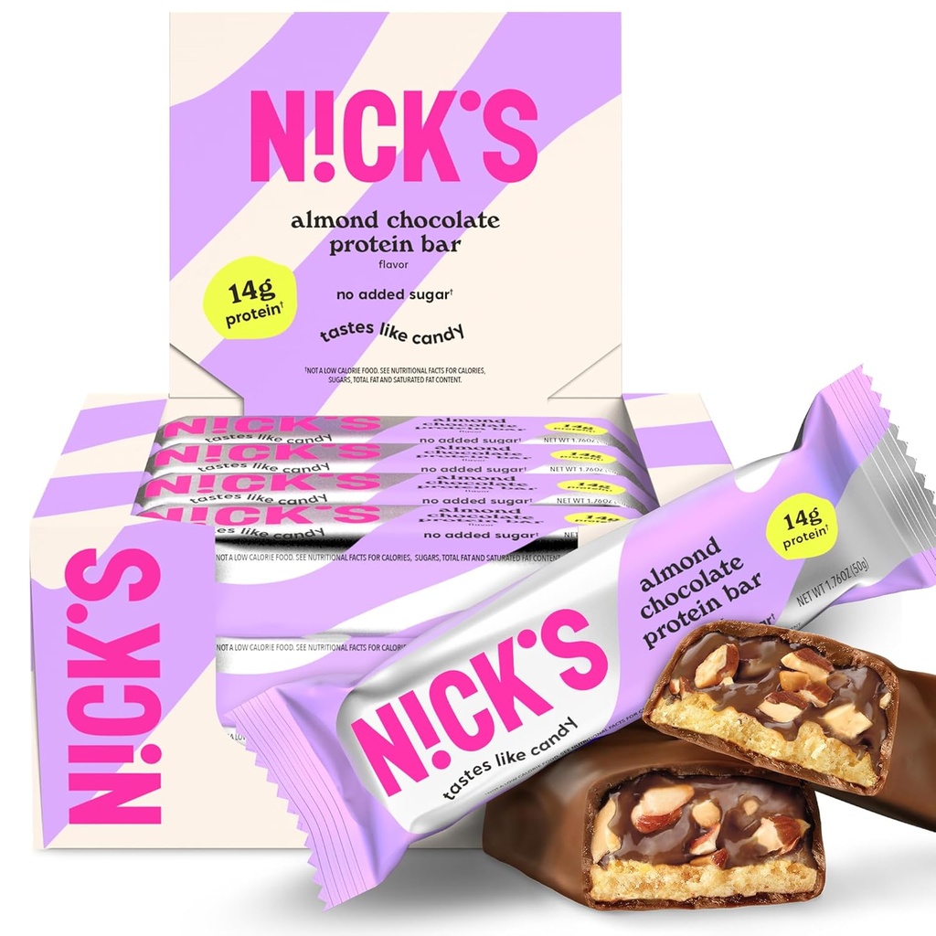 Nick 's Protein Bars Chokolade 124; High Protein Buddy 124; Lowcalories Buddy 124; Low Carb Keto Friendly Snacks Ingen Tilføjet Sukker (Multipack 12 bar x 50g) (12 Greve (Pakke af 1), Mandel Chokolade)