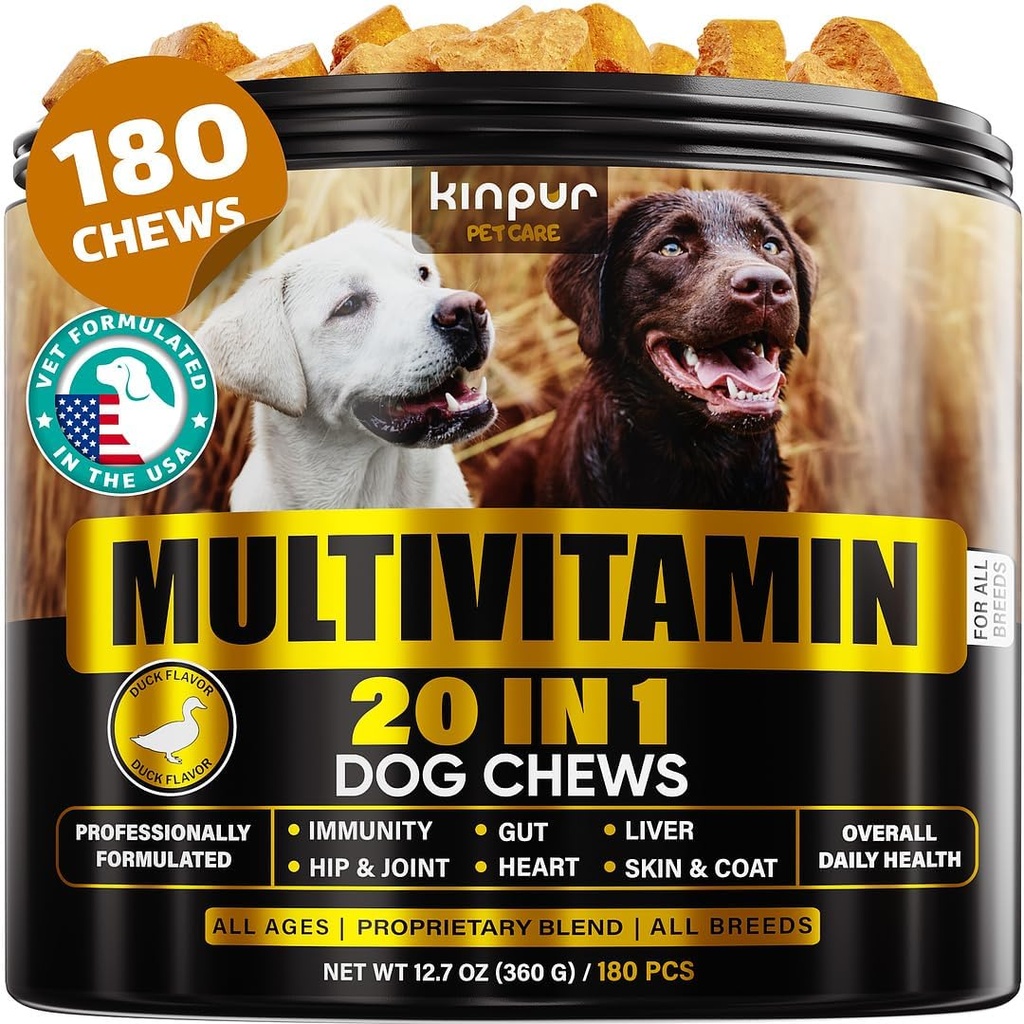 20-in-1 Hund Multivitamin Kosttilskud - Immunitet, fordøjelse, fælles og hjerte sundhed støtte - Naturlige hunde vitaminer med biotin, Msm, Tranebær, Glucosamin til hunde - 180 Chews