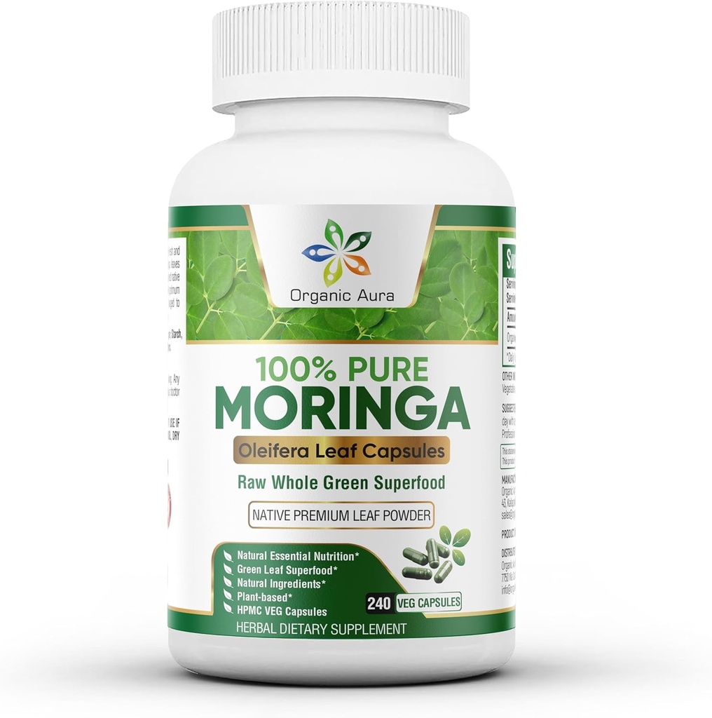 Organic Aura Moringa Kapsler - 240 Ct Engros Pack. Autentiske Raw Moringa Leaf supplement for energi, Metabolisme, Amning, Immunitet og fælles sundhed. Hele blade Green Super Food Nutrition.