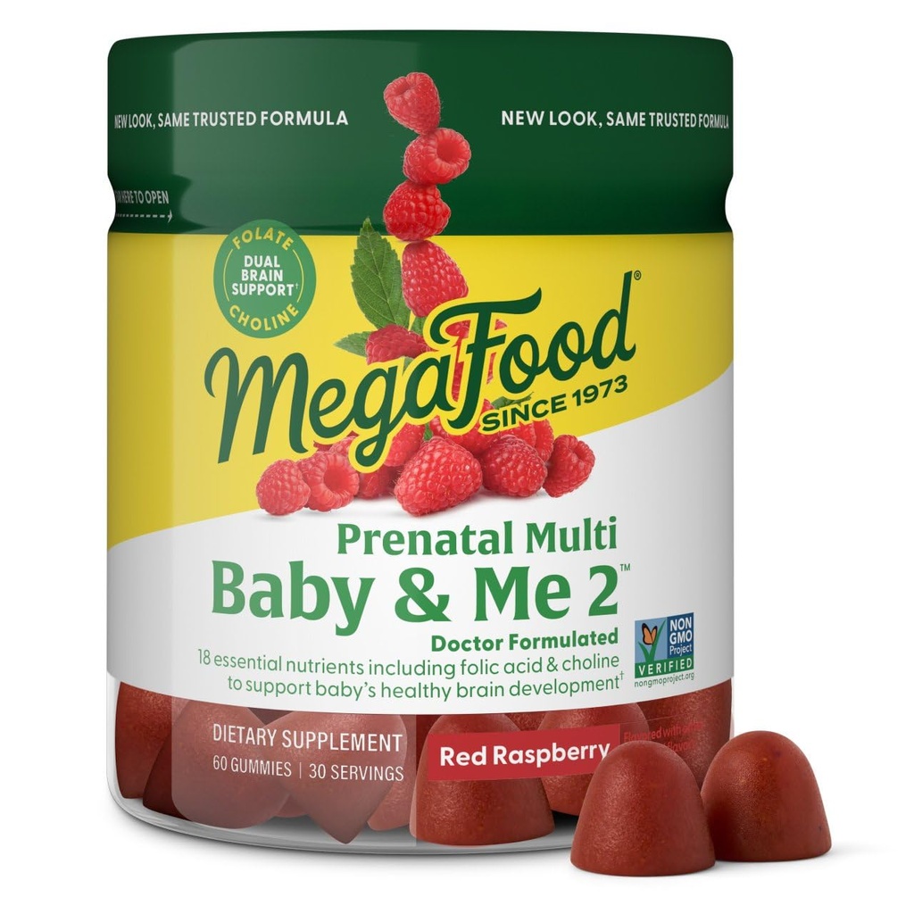 MegaFood Baby & Me 2 prænatale vitaminer til kvinder gummier med folinsyre og cholin til Baby 's Brain Development; Plus Real Fruit- Red Raspberry Flavor - 60 gummies (30 Servere)