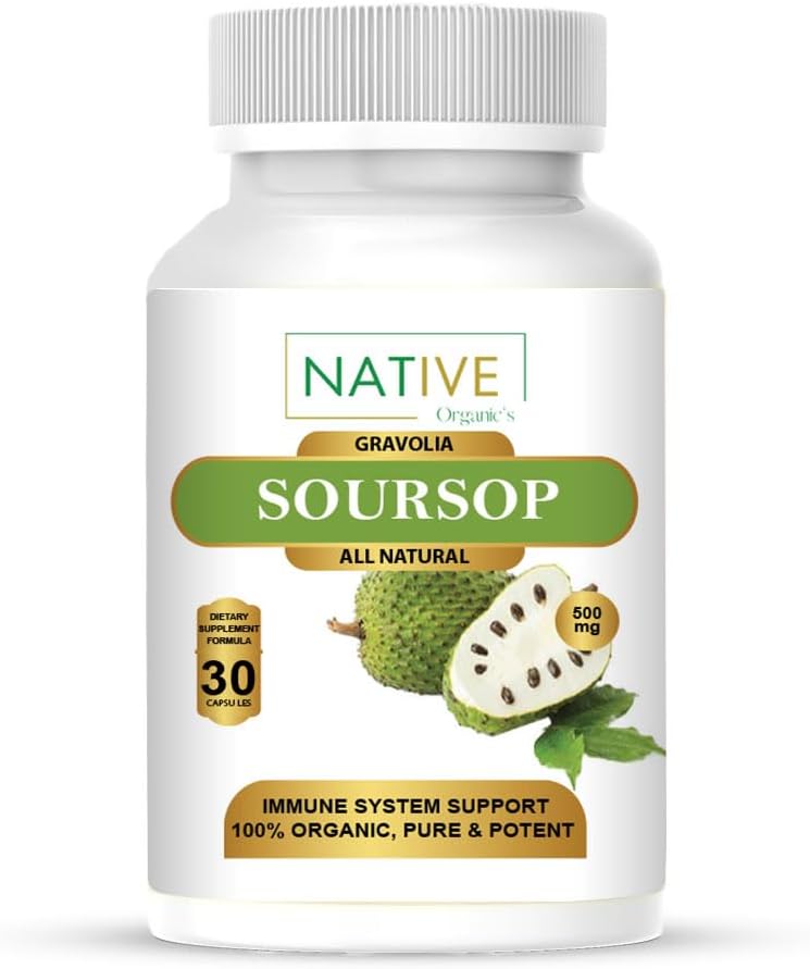 Native Organic 's Soursop Graviola Capsules - Sund cellevækst & immunforsvar - Væsentlige antioxidanter & mineraler - Leafs, Frugt & Frø Extract - 30 Veganske kapsler (500 mg)