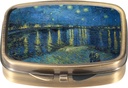 Dynippy Pill Case Pill Box med spejl Retro Pocket 2 Compartment Medicine Case Vitamin Pill Organizer for Pocket Purse and Travel (A- Starry Night Over The Rhone)