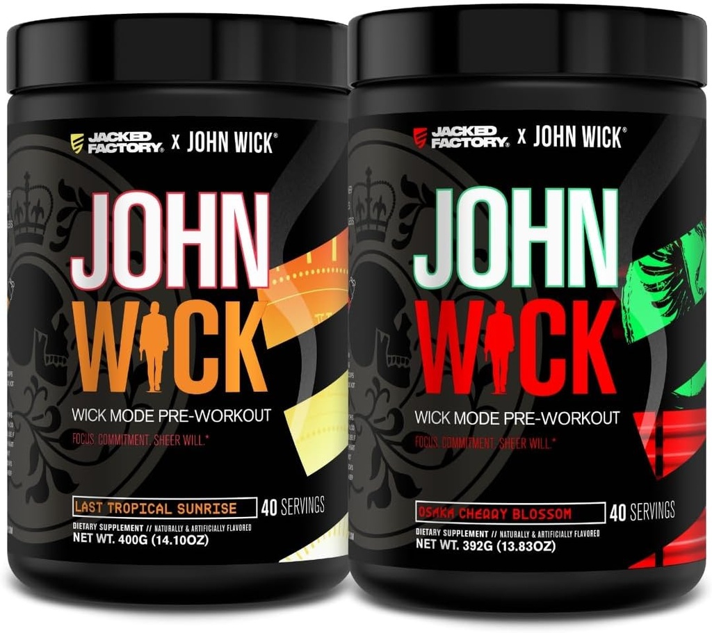 Jacked Factory X John Wick - Wick Mode Pre Workout Powder - Intense Energy, Battle- Ready Focus, Ustoppelig forpligtelse, og Sheer Will - Sidste Tropical Sunrise & Osaka Cherry Blossom (80 Servere)