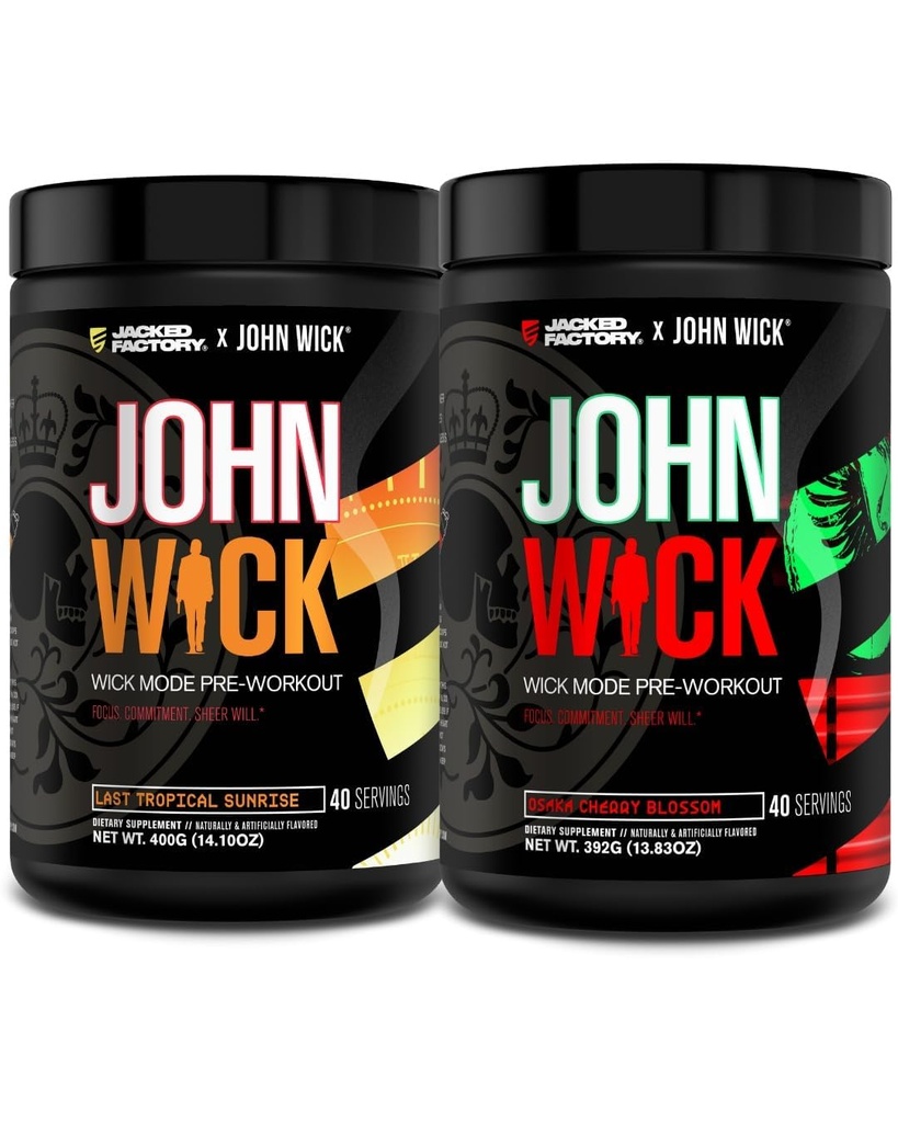 Jacked Factory X John Wick - Wick Mode Pre Workout Powder - Intense Energy, Battle- Ready Focus, Ustoppelig forpligtelse, og Sheer Will - Sidste Tropical Sunrise & Osaka Cherry Blossom (80 Servere)