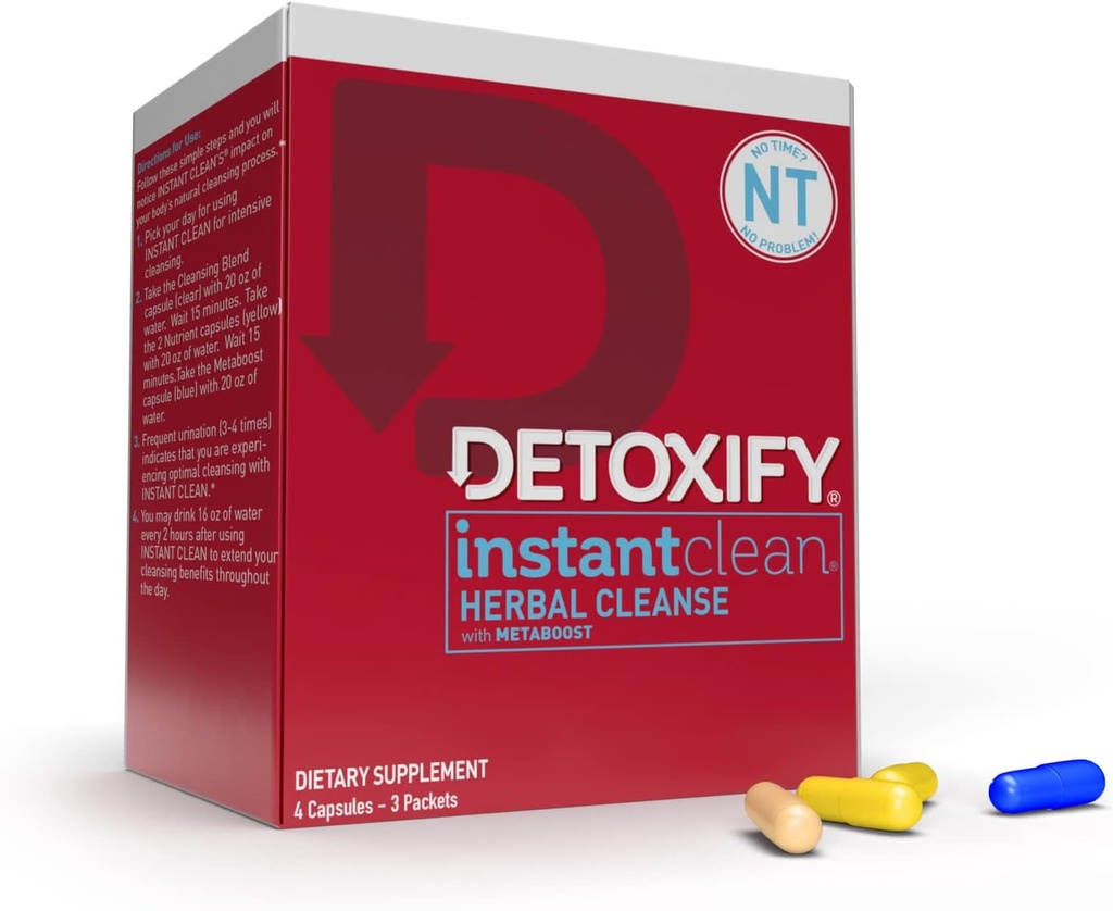 Afgiftning - Instant Clean - 4 kapsler - Professionelt Formuleret Herbal Detox kapsler - Forbedret med Metaboost, Milk Thistle Extract, Uva Ursi & Ginseng Extract - Plus Sticker