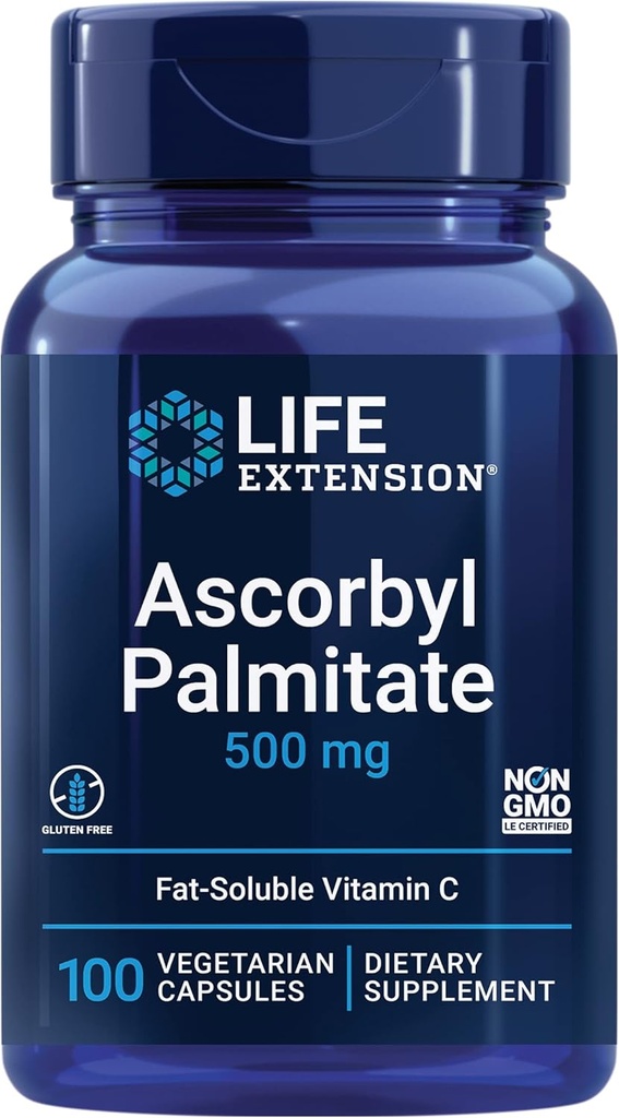 Life Extension Ascorbyl Palmitat 500mg - fat- Opløselige C-vitamin supplement til immuntilskud og lang levetid - Vand- Opløselige Gluten- fri, Non- GMO, Vegetar - 100 kapsler