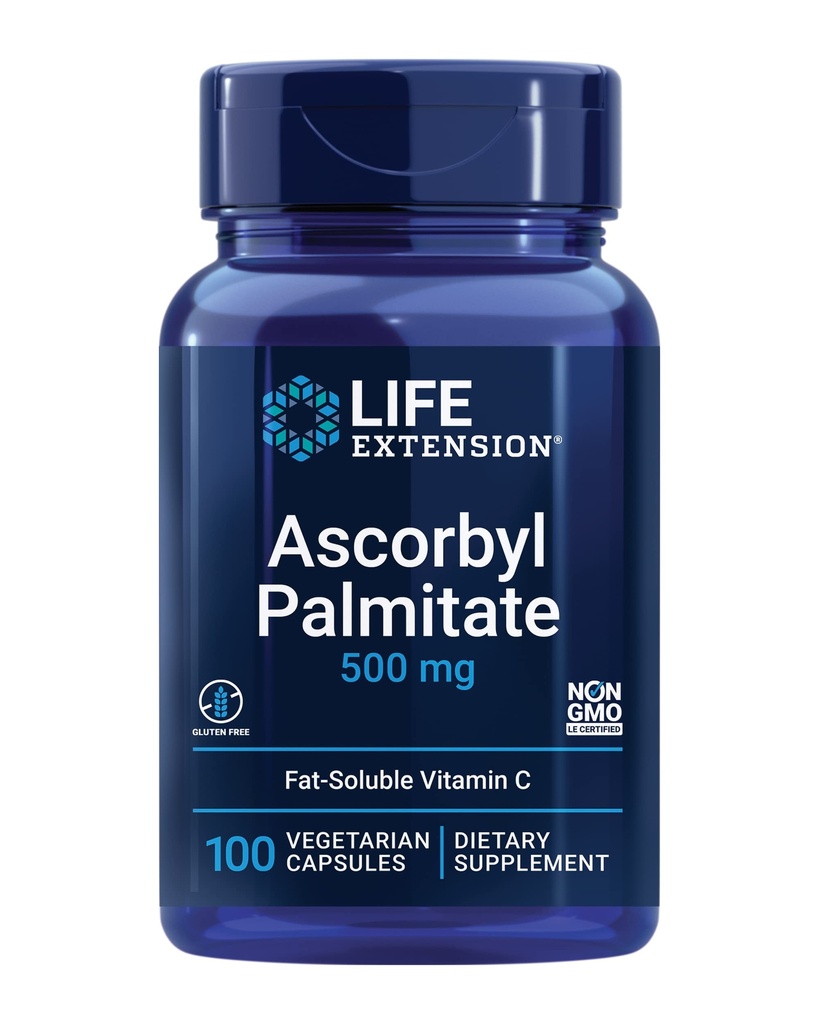 Life Extension Ascorbyl Palmitat 500mg - fat- Opløselige C-vitamin supplement til immuntilskud og lang levetid - Vand- Opløselige Gluten- fri, Non- GMO, Vegetar - 100 kapsler
