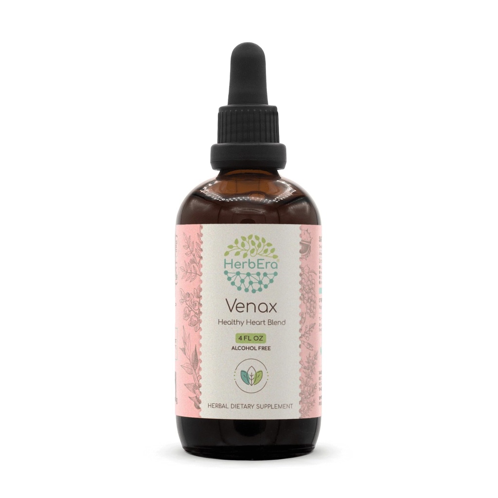HerbEra Venax B120 Alkoholfri ekstrakt Tinktur, Koncentrerede flydende dråber: Butchers Broom Root, Horse Chestnut Nut, Rosemary Leaf, Prickly Ash Bark, Bilberry Leaf, Grape Seed. Stone Root. 4 Oz
