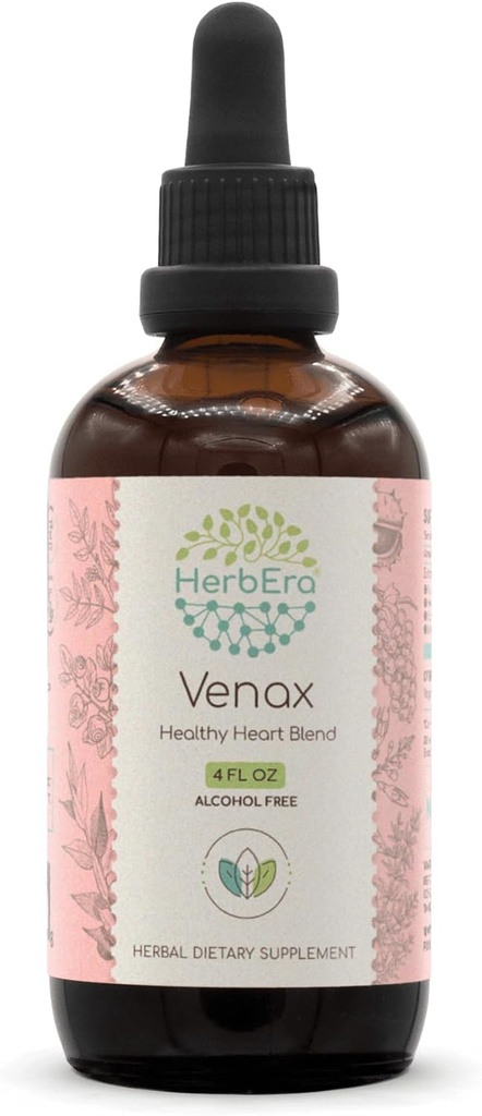 HerbEra Venax B120 Alkoholfri ekstrakt Tinktur, Koncentrerede flydende dråber: Butchers Broom Root, Horse Chestnut Nut, Rosemary Leaf, Prickly Ash Bark, Bilberry Leaf, Grape Seed. Stone Root. 4 Oz