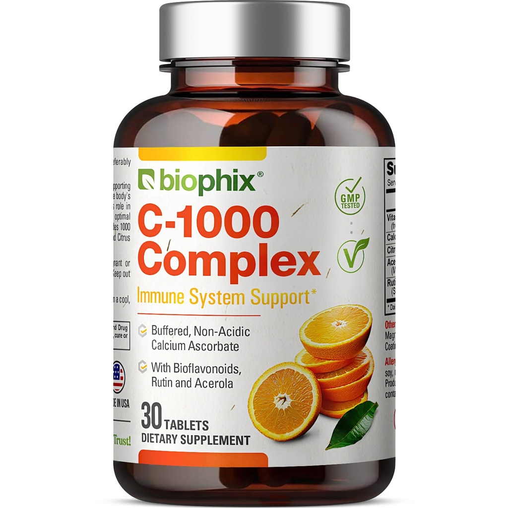 Vitamin C- 1000 mg 30 tabletter Complex - Vegan med Calcium Citrus Bioflavonoider Acerola Rutin - Understøtter immunforsvar
