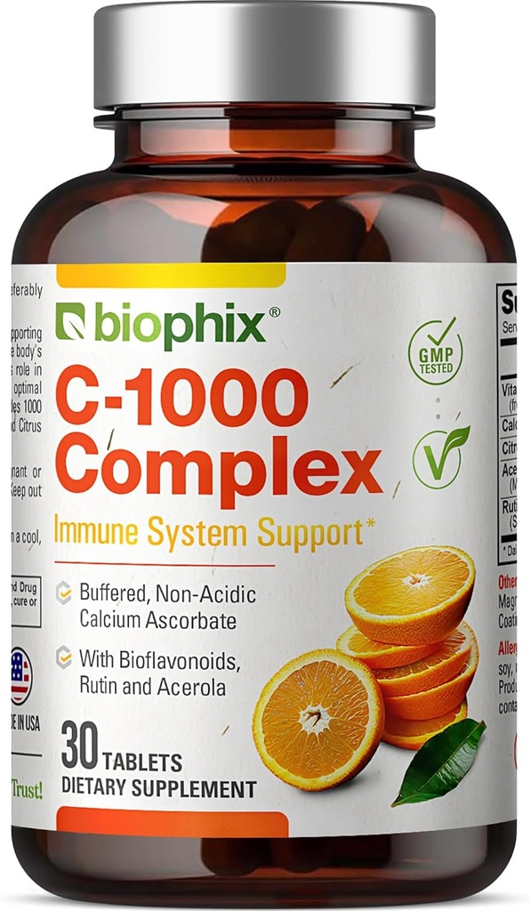 Vitamin C- 1000 mg 30 tabletter Complex - Vegan med Calcium Citrus Bioflavonoider Acerola Rutin - Understøtter immunforsvar