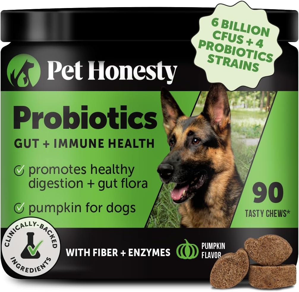 Pet Honesty Probiotika til Hunde til Lejlighedsvis Diarré & tarmstøtte, fordøjelsesenzymer med Prebiotika til Gut Sundhed for Hunde, Immunitet Sundhed & Itch Relief (Pumpkin 90 ct)