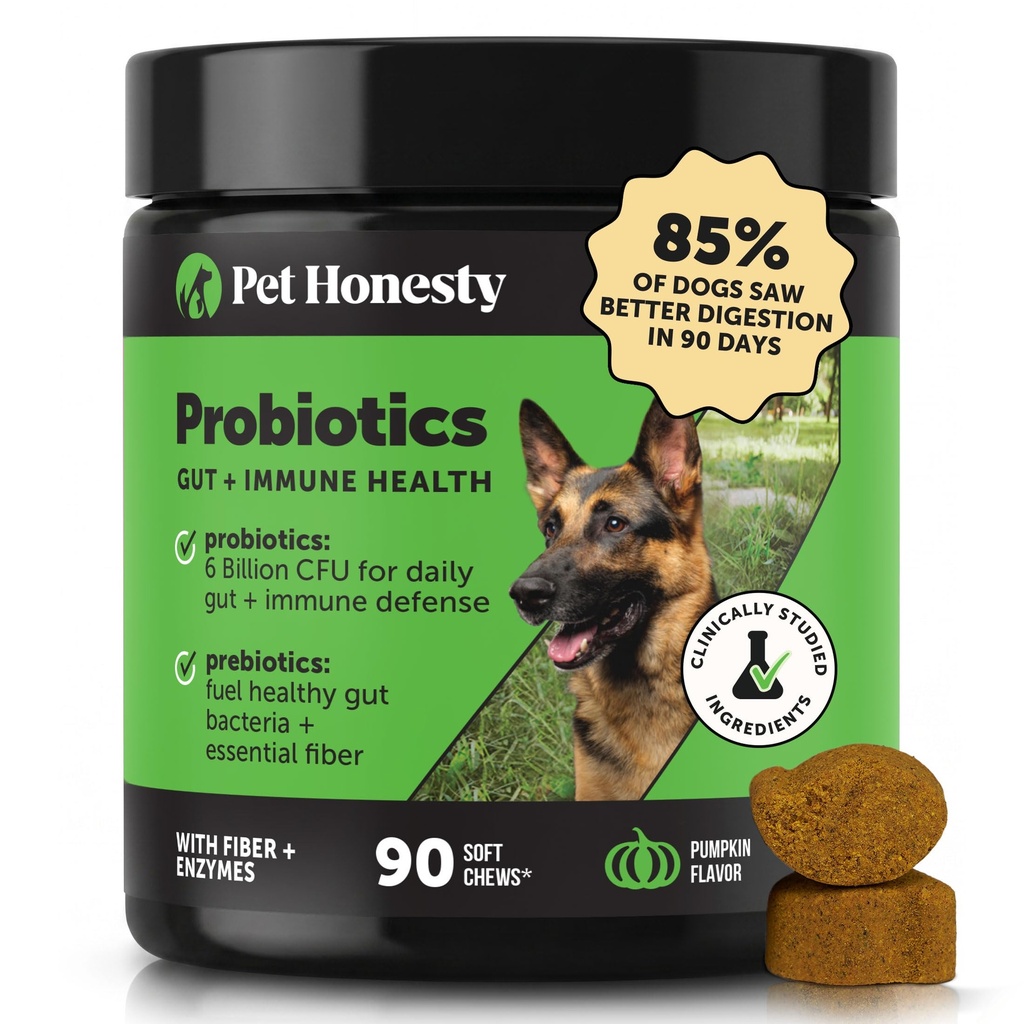 Pet Honesty Probiotika til Hunde til Lejlighedsvis Diarré & tarmstøtte, fordøjelsesenzymer med Prebiotika til Gut Sundhed for Hunde, Immunitet Sundhed & Itch Relief (Pumpkin 90 ct)