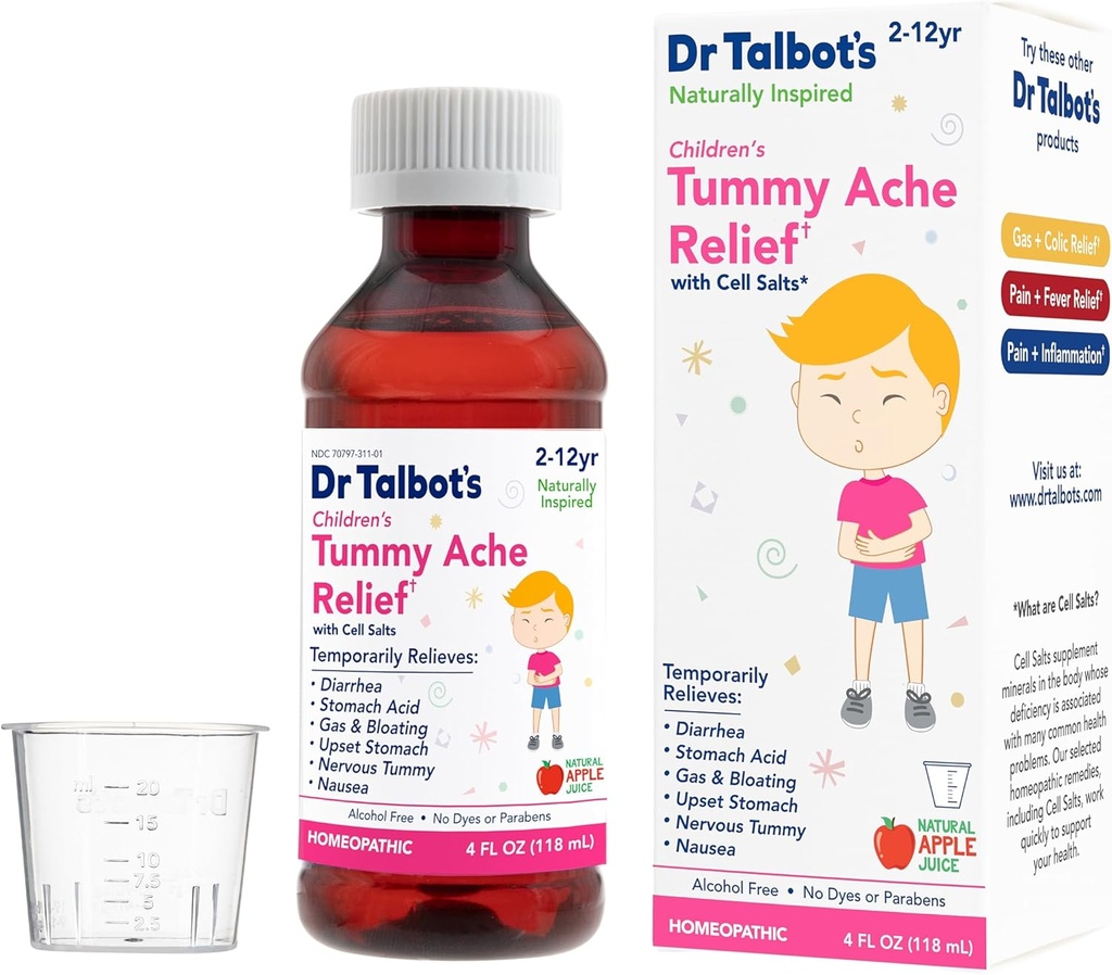 Dr. Talbot 's Children' s Tummy Ache Relief Medicine - 4 oz - Inkluderer dosering Cup - for 2-12 år gamle - Natural Apple Flavor (Packaging Varies)