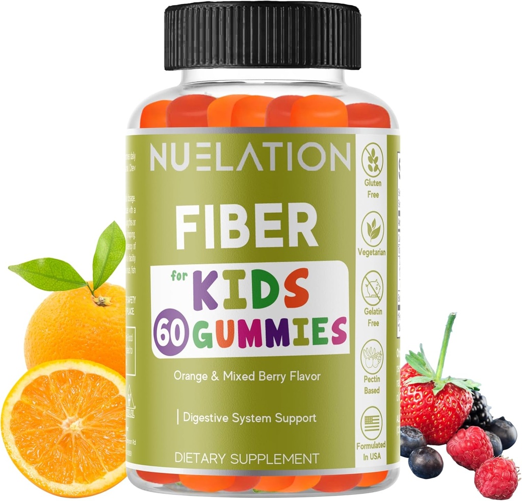 Fiber Gummies for Kids - 60 Greve - Vegetarisk, Gluten fri, Gelatine fri, Fiber supplement til Kids - Prebiotic Fiber til støtte fordøjelse, tarmbevægelse og immunforsvar