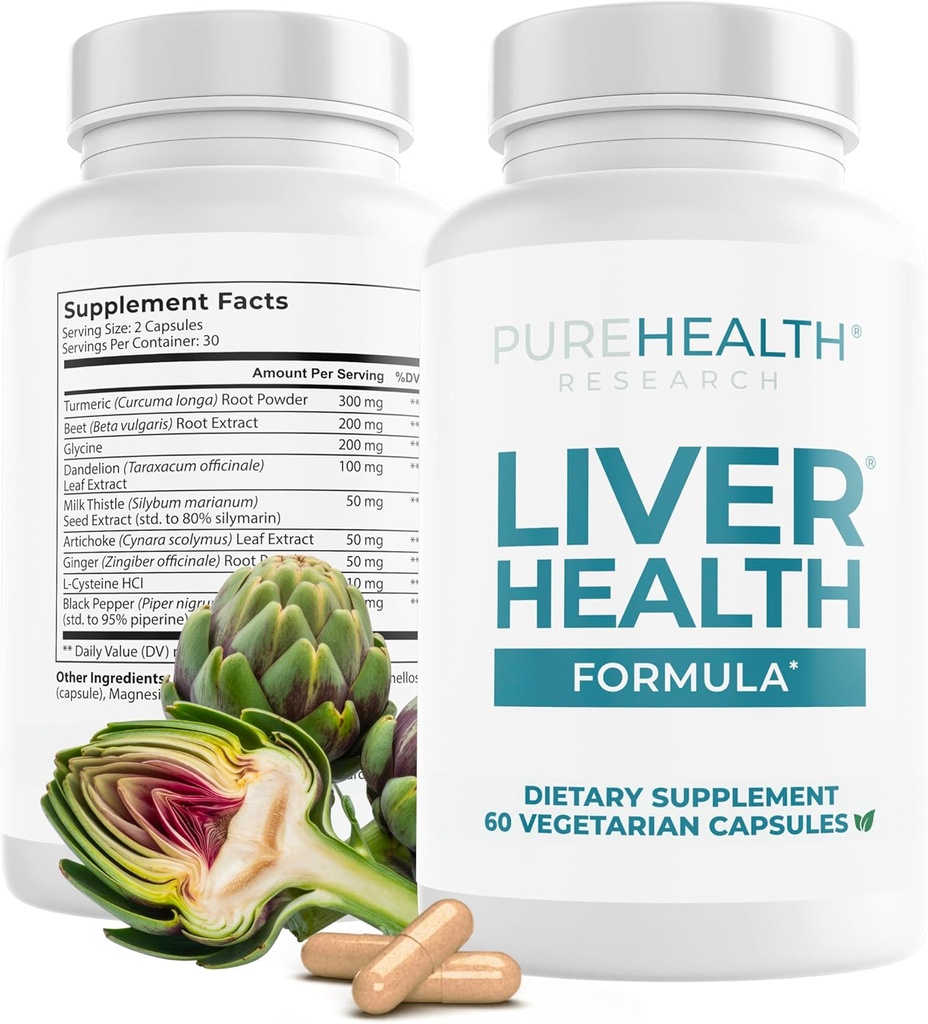 PURESUNDHEDSFORSKNING Lever sundhed - Lever rense Detox & reparation med Artichoke Extract, Mælk Thistle, Mælkebøtte Root, Gurkemeje, Beet Root til sund lever Renew med 11 naturlige næringsstoffer, 60 kapsler