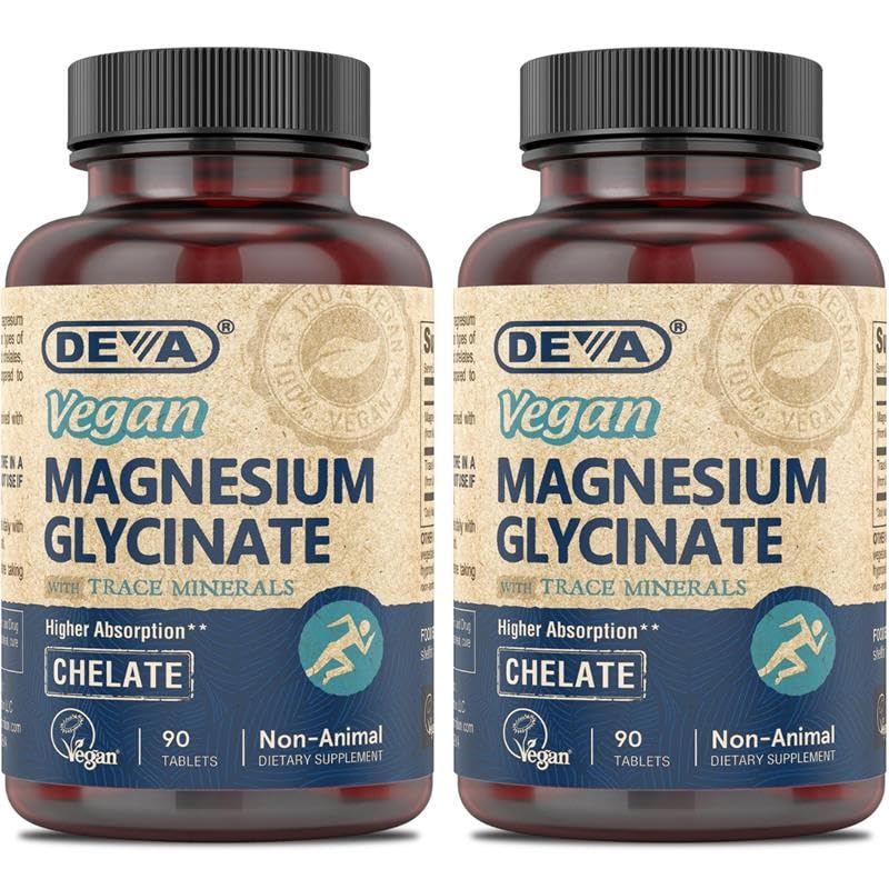 DEVA Vegan Magnesium Glycinate 300mg per portion med trace mineraler, højere Absorption, Chelated Magnesium, 90 tabletter (pakning med 2)
