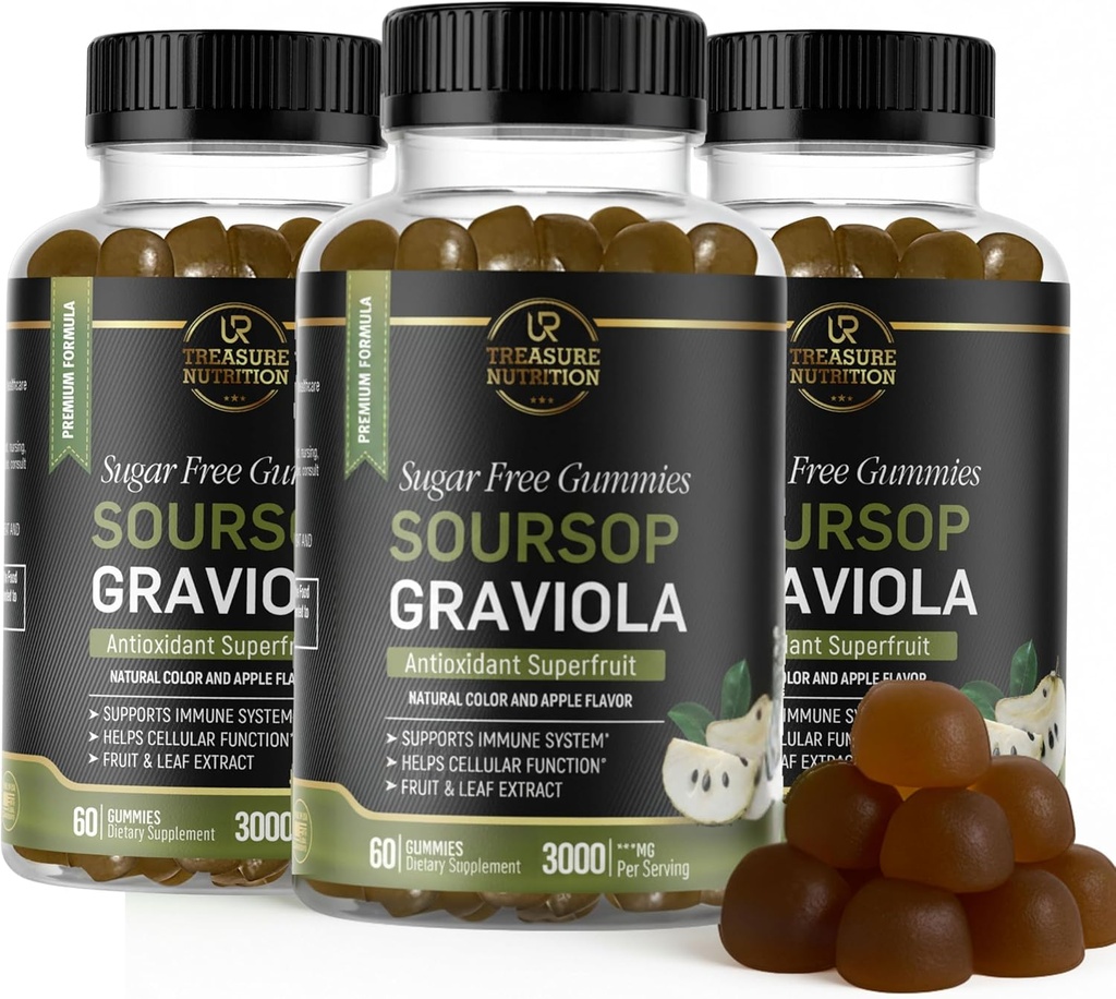 Soursop Blade & Soursop Fruit Gummies - 3000mg Soursop Extract - 3 Pack Graviola Supplement - Soursop Frugt og Leaf - 60ct - Sukkerfri - Gluten Free - Non-GMO - Vegansk Friendly