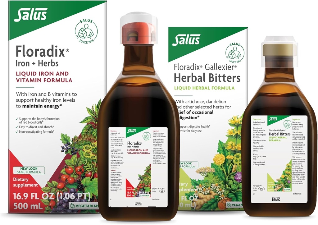 Floradix by Salus Gallexier Herbal Bitters (8.5 oz) & Iron & Herbs (16.9 oz) Bundle - Herbal Bitter til fordøjelsesstøtte * - Iron Supplement til sund energistøtte *