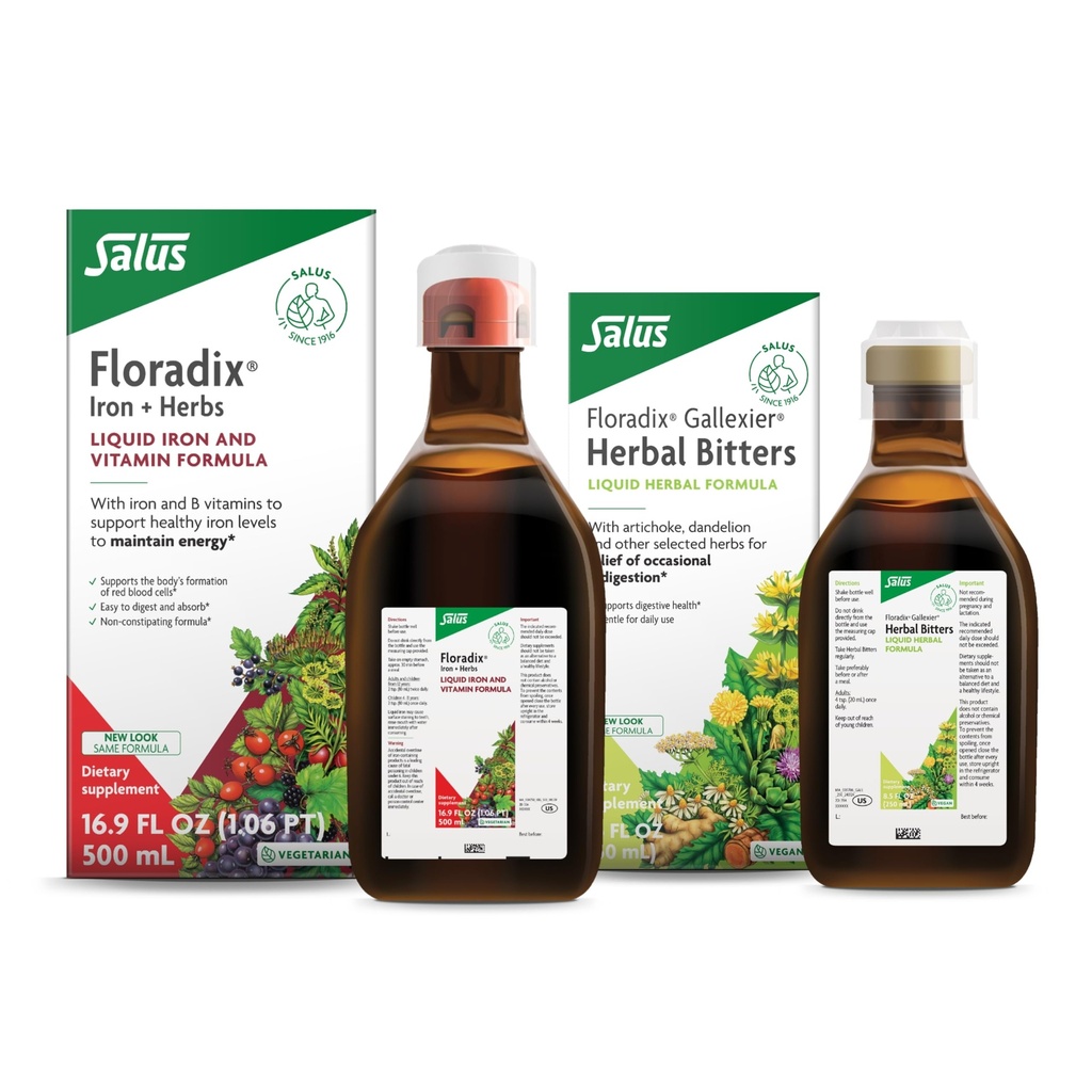 Floradix by Salus Gallexier Herbal Bitters (8.5 oz) & Iron & Herbs (16.9 oz) Bundle - Herbal Bitter til fordøjelsesstøtte * - Iron Supplement til sund energistøtte *