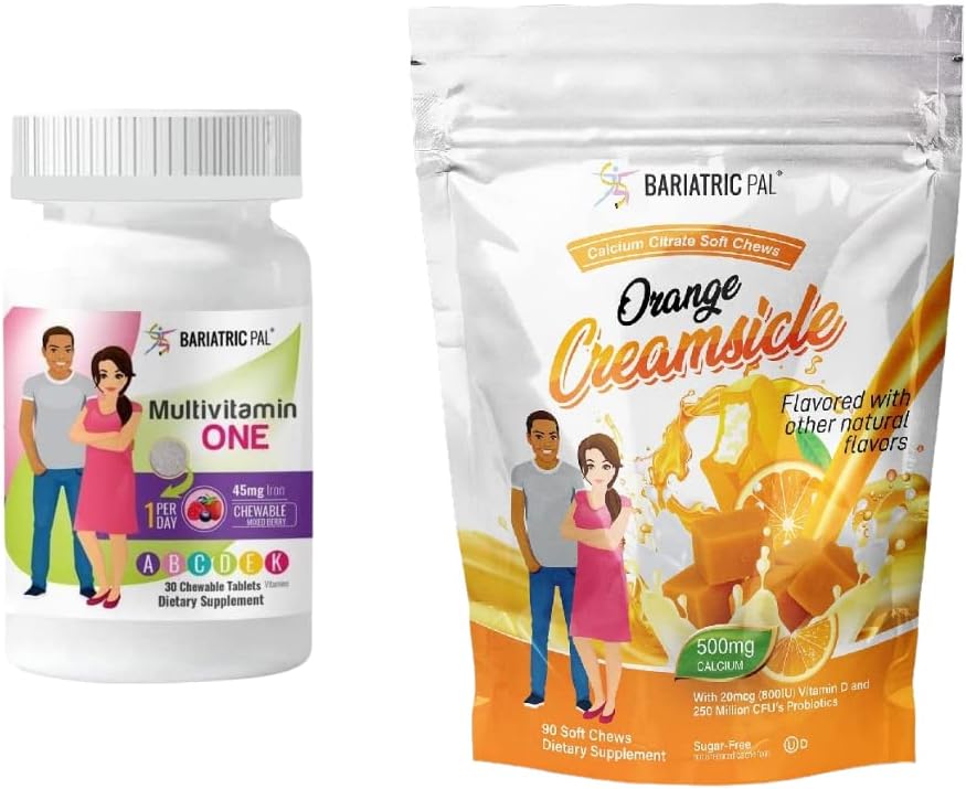 BariatricPal 30- Day Bariatric Vitamin Bundle (Multivitamin ONE 1 per dag! Chewable with 45mg Iron - Blandet Berry og Calcium Citrate Soft Chews 500mg with Probiotics - Orange Creampsicle)