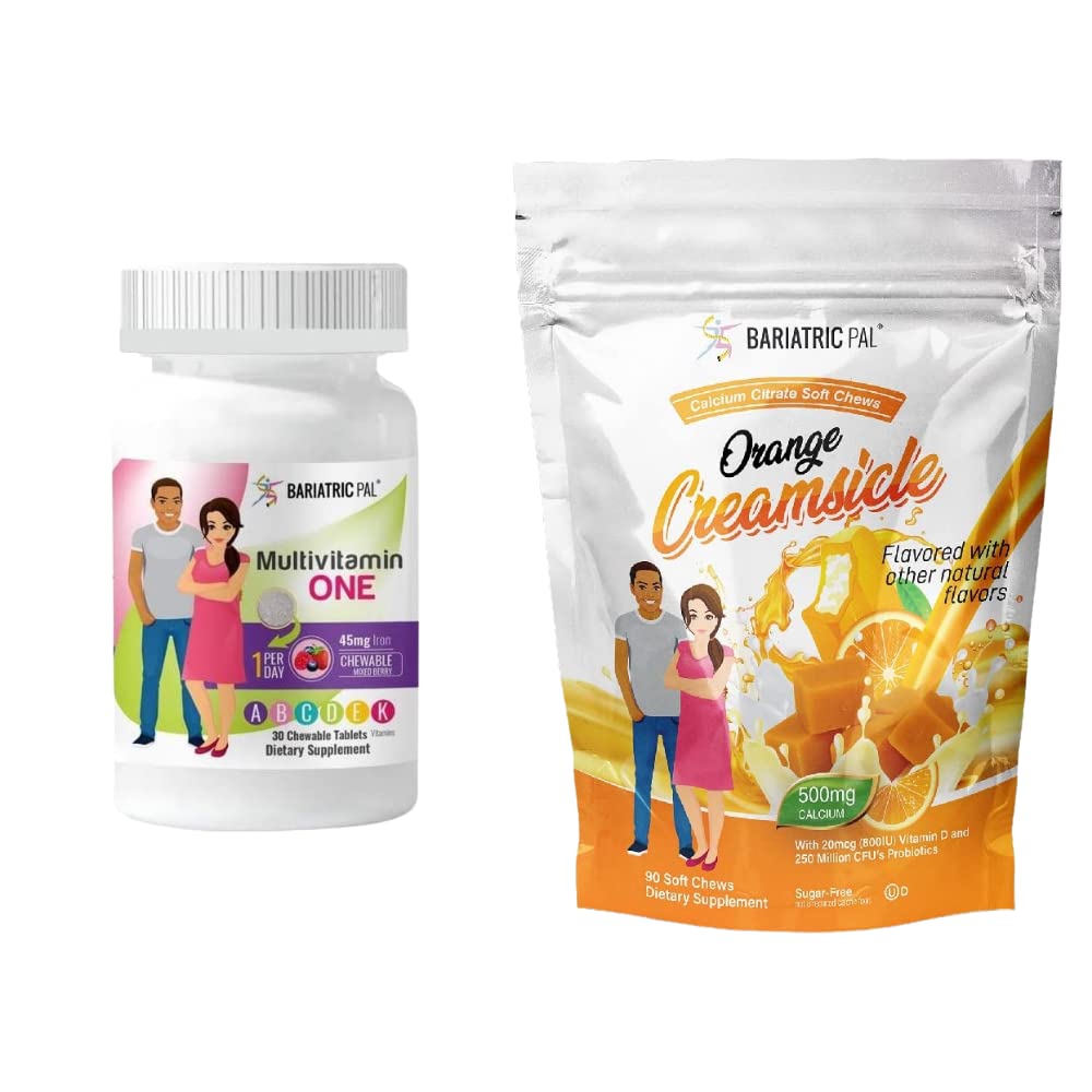 BariatricPal 30- Day Bariatric Vitamin Bundle (Multivitamin ONE 1 per dag! Chewable with 45mg Iron - Blandet Berry og Calcium Citrate Soft Chews 500mg with Probiotics - Orange Creampsicle)