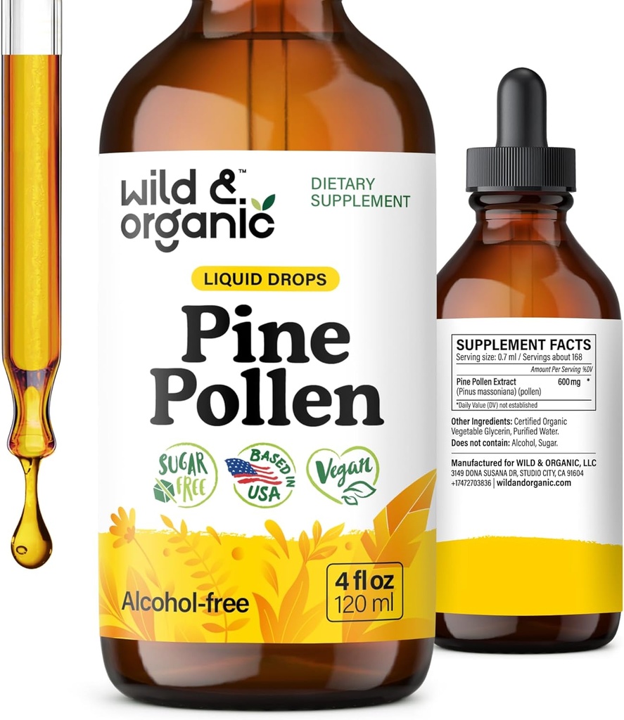 Wild & Organic Pine Pollen Tinktur - Pine Pollen pulver flydende dråber til mænd og kvinder - Vegan, Sukker & Alkohol- Free Supplement - 4 fl oz