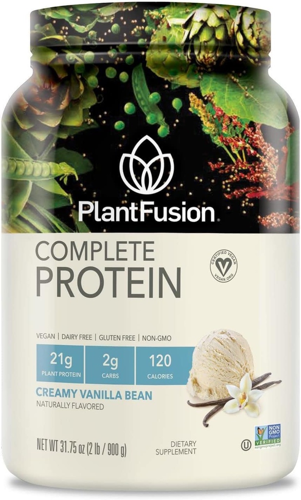 PlantFusion Complete Vegan Protein Powder - Plant baseret Protein Powder med BCAA, fordøjelsesenzymer og Pea Protein - Keto, Gluten Free, Soy Free, Non- Dairy, No Sugar, Non- GMO - Vanilla Bean 2 LB