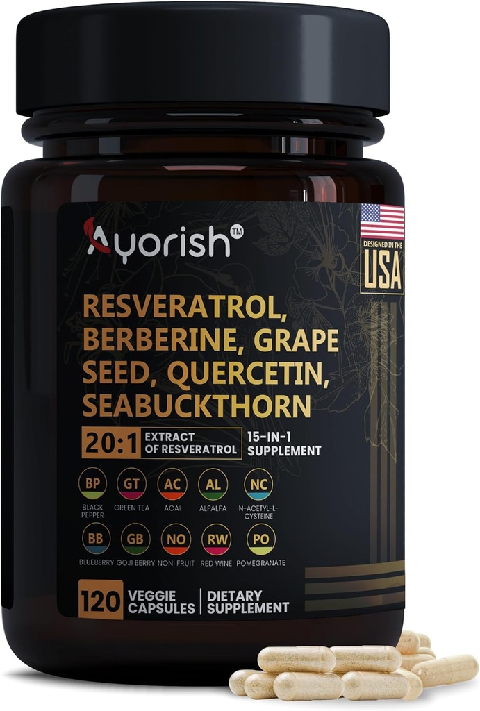 Resveratrol Supplementet 124; Berberine Grape Seed Extract Quercetin Green Tea Extract Acai Noni Polyphenol Supplement for kvinder & mænd, N- Acetyl Cysteine NAD Booster 120 Tæl