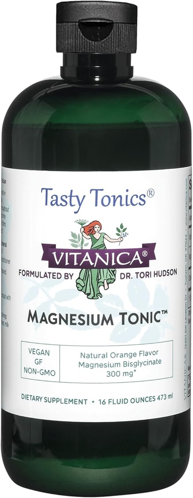 Vitanica Magnesium Tonic, Liquid Magnesium Bisglycinate Chelate 300 mg med vitamin B6, Dr. Formuleret supplement, Orange Flavor, Vegan, Gluten Free og Non- GMO, 16 fl oz