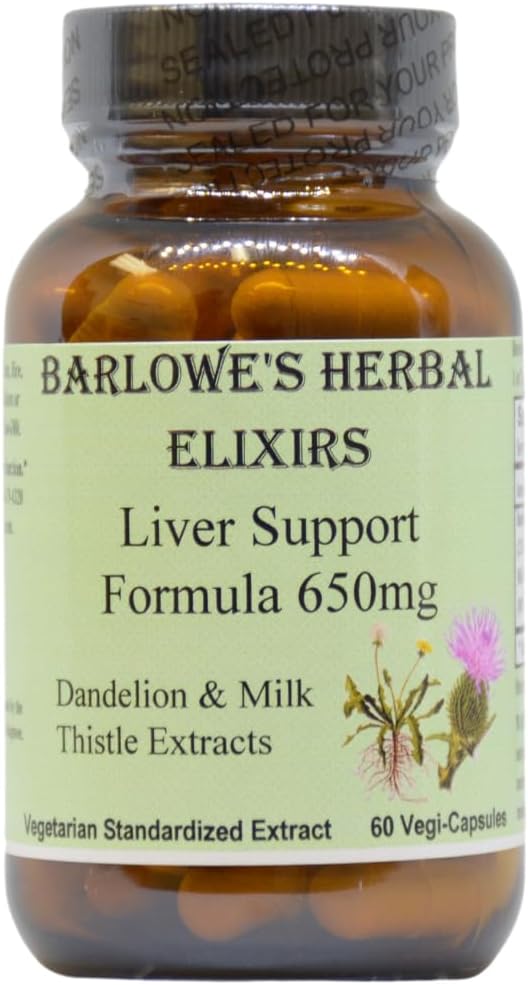 Barlowe's Herbal Elixirs Liver Support Formula | Dandelion Root & Milk Thistle Extract | 650mg Per Capsule | 60 Vegan Capsules | Stearate-Free, Glass Bottled