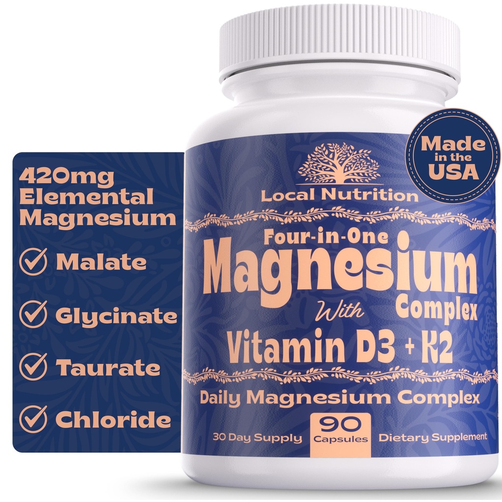 4- in-1 Magnesiumkompleks 420mg med D3- vitamin K2 - Premium Magnesiumtilskud med magnesiummalat, Bisglycinat (Glycinat), Taurat og Chlorid - 90 kapsler Made in USA