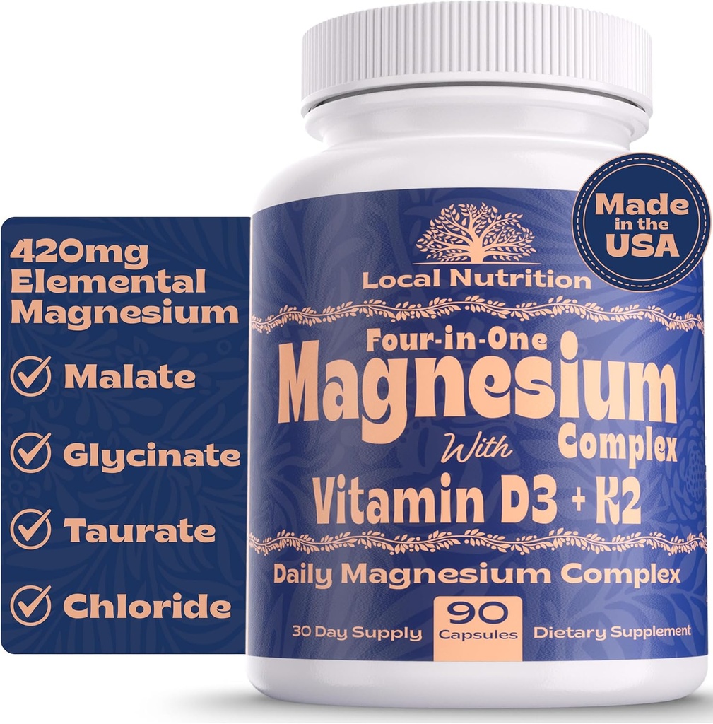 4- in-1 Magnesiumkompleks 420mg med D3- vitamin K2 - Premium Magnesiumtilskud med magnesiummalat, Bisglycinat (Glycinat), Taurat og Chlorid - 90 kapsler Made in USA