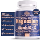 4- in-1 Magnesiumkompleks 420mg med D3- vitamin K2 - Premium Magnesiumtilskud med magnesiummalat, Bisglycinat (Glycinat), Taurat og Chlorid - 90 kapsler Made in USA