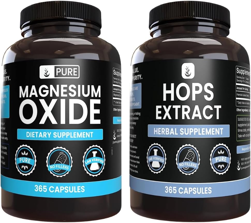 Pure Original Ingredienser Magnesium Oxide og Humle Extract Bundle, 365 Kapsler Hver, Ingen Fyldere, Altid Pure