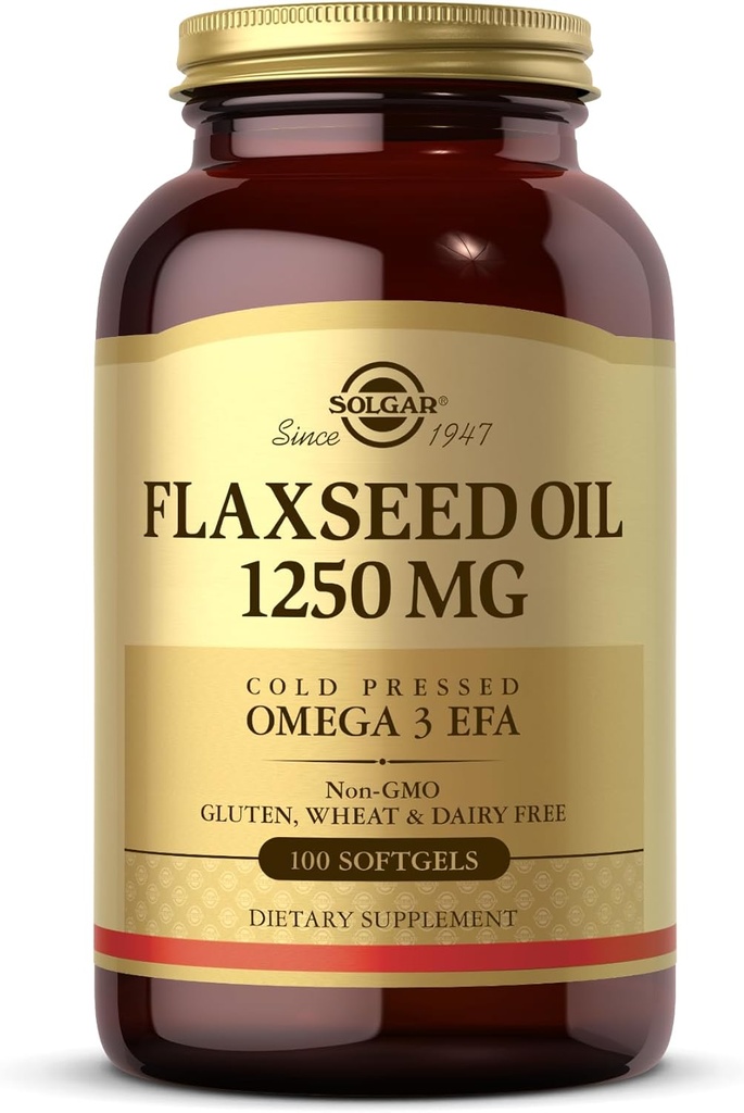 Solgar Flaxseed Oil 1250 mg, 100 Softgels - Organic, Cold- Pressed Omega 3 essentielle fedtsyrer - Understøtter hjerte, immunforsvar og hudsundhed - non-GMO, gluten fri, Dairy Free - 50 Servere