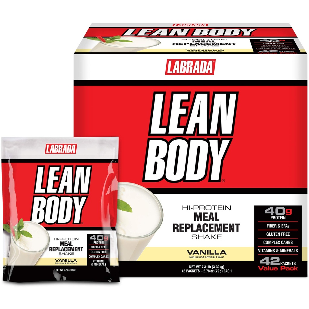 Labrada Lean Body MRP All- In- One Vanilla Meal Erstatning Shake, 40g Protein, Whey Blend, 8g Sunde Fats EFA 's & Fiber, 22 Vitamin og Min, Ingen kunstig farve, Gluten Free, (42 Pakets)