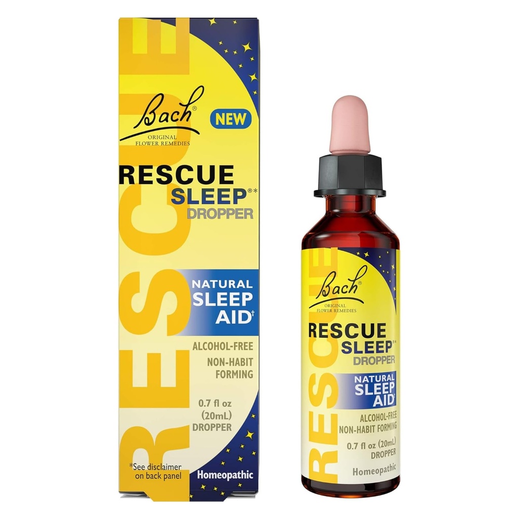Bach RESCUE SLEEP Dropper 20ml, Natural Sleep Aid, Homøopatisk Blomst Essence, Gratis Melatonin, Sukker, & Gluten, Familie-Friendly, Ikke-alkohol Formel