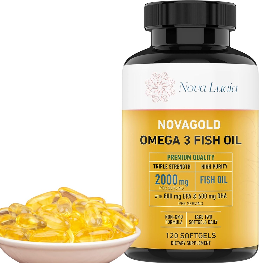 NovaGold Omega 3 Fish Oil - 2000mg High Strength EPA DHA Supplement - Burpless, Let at synke Softels - Understøtter hjerte, hjerne, joints, immunforsvar & hud - non-GMO - 120 flydende kapsler